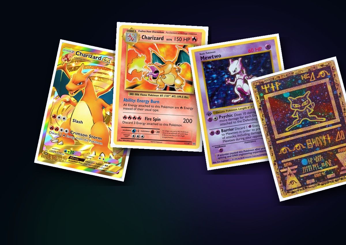 Pokémon and Panini collectible cards including Pikachu, Charizard and Cristiano Ronaldo
